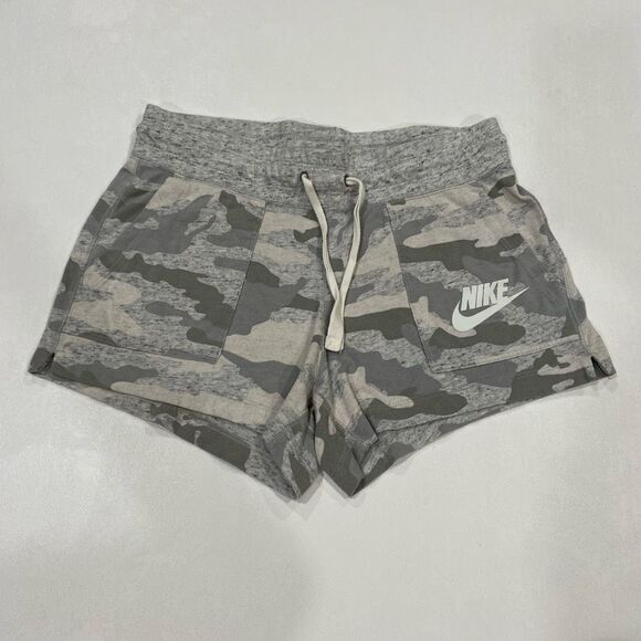 Nike Camo Print Lounge Shorts Gray Green Drawstring Pockets Size Medium - Picture 1 of 7